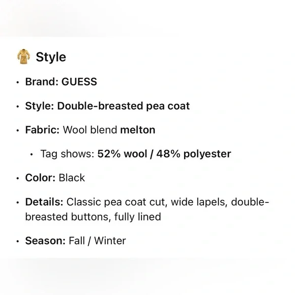 NWOT Guess Women's Classic Black Double-Breasted Pea Coat